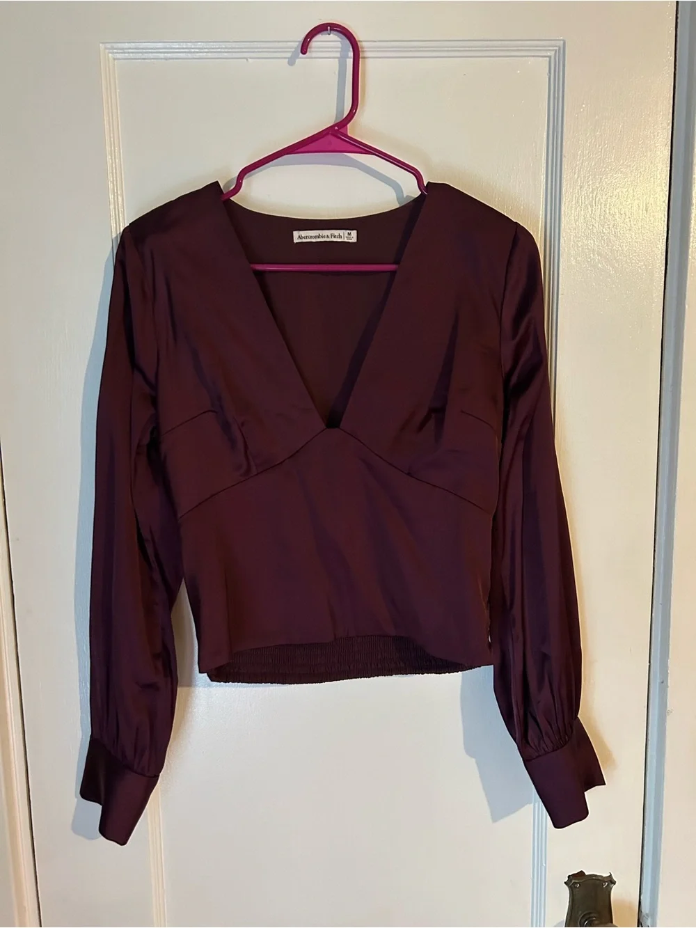 Abercrombie & Fitch Berry Long-Sleeve Satin Puff Sleeve Top